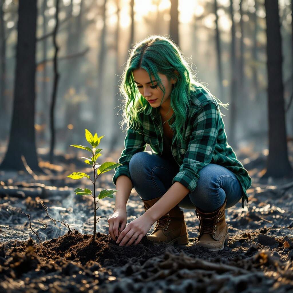 Hopeful Woman Plants Tree in Burnt Forest