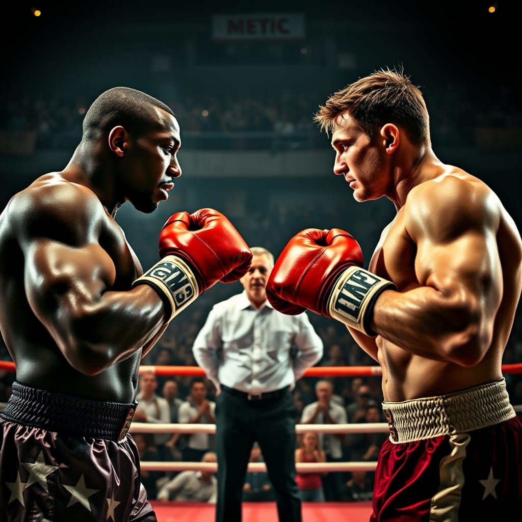 A head shot of two men boxers with fierce looks on their faces facing off in a fighting ring both have boxing gloves in ...