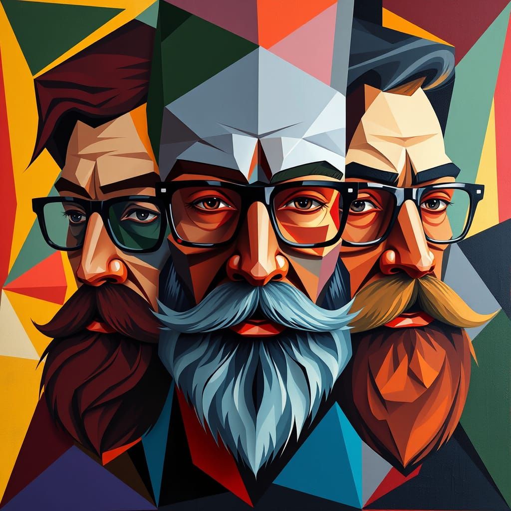 Cubist Bearded Faces with Eyeglasses in Vibrant Geometric St...