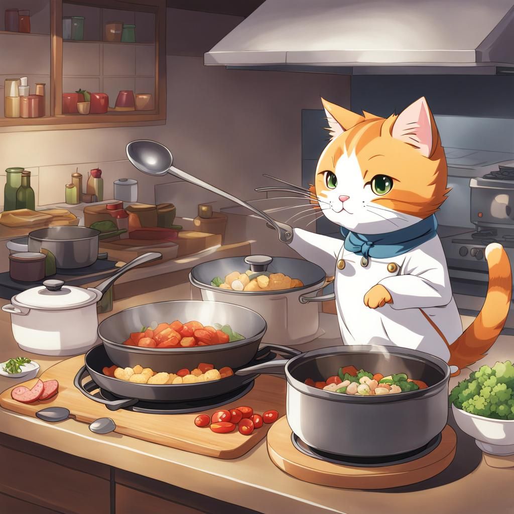 Cat Chef in Anime Style Kitchen