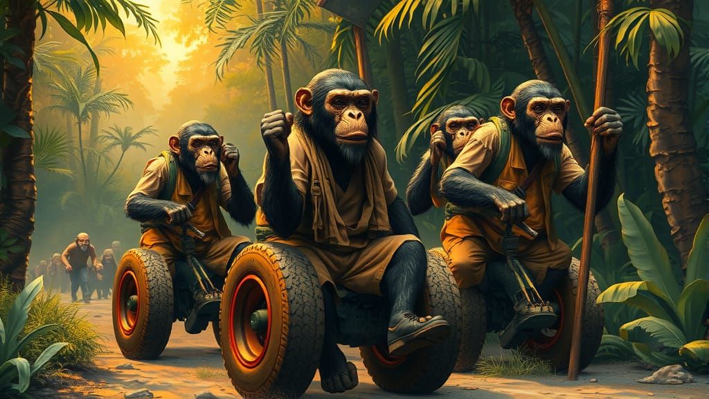 Apes Rolling Tires Through Jungle, in Fantasy Art Style