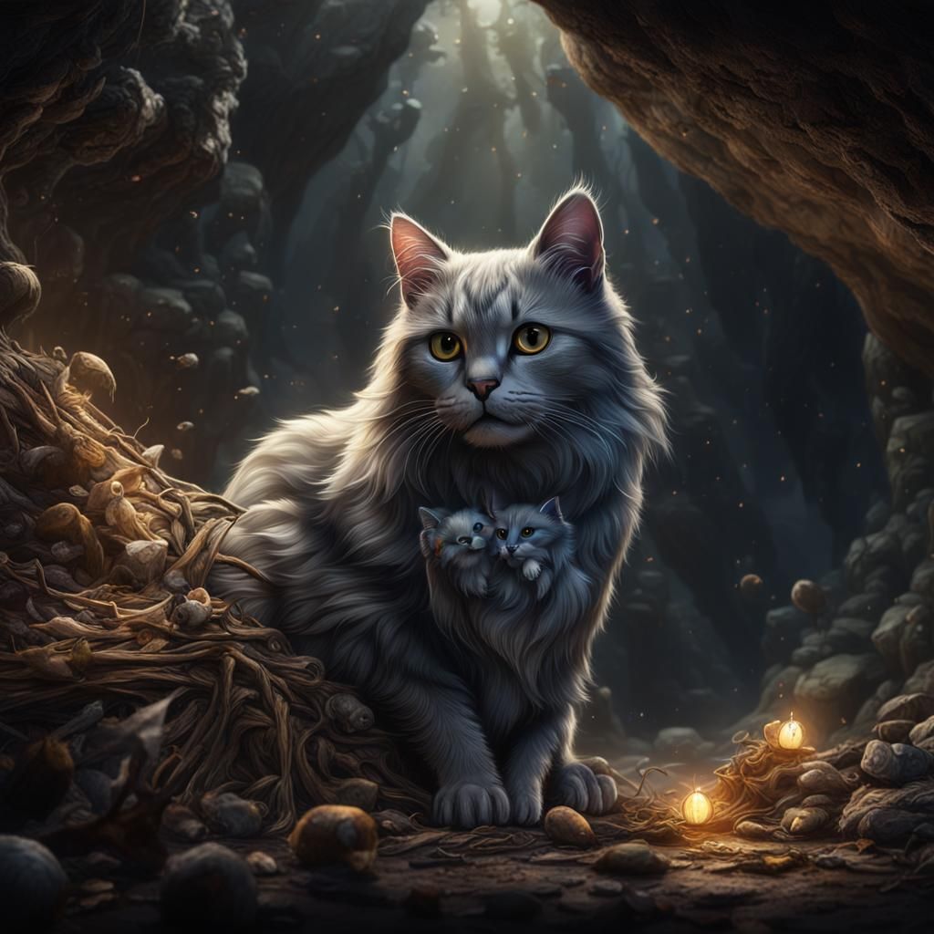 Gray Cat Rescues Kittens: Detailed Matte Painting