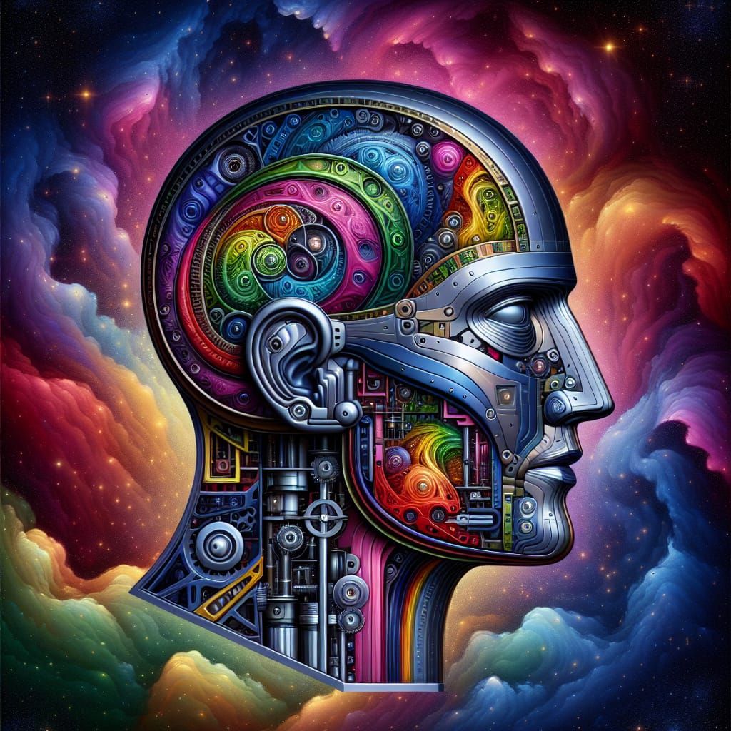 Iridescent Robot Head in Digital Baroque Style