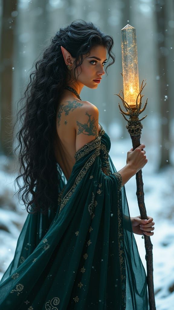 Ethereal Elven Sorceress in Snowy Mystical Landscape