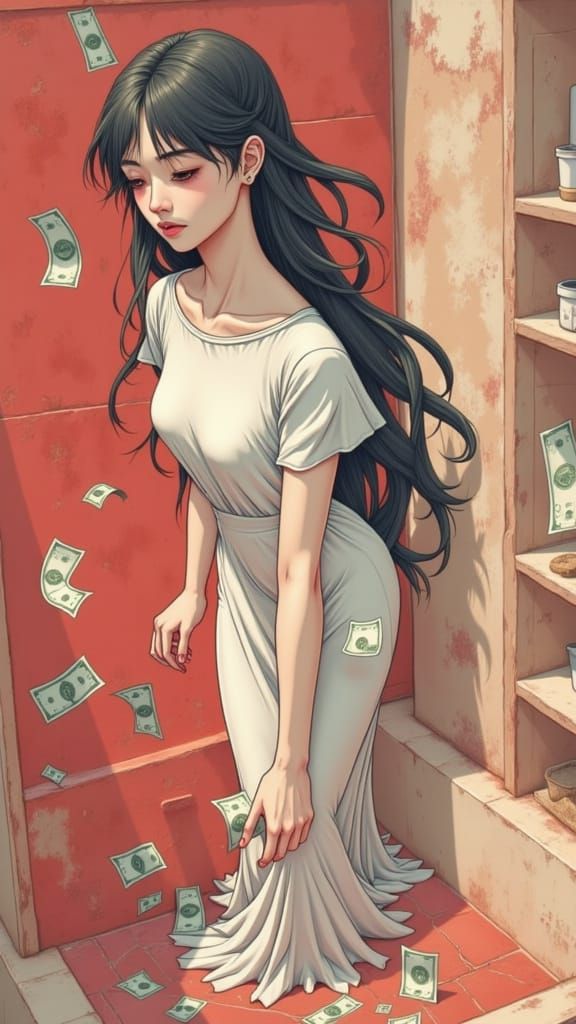 Ghibli Art Flexing Money in Bathtub Cubist Style