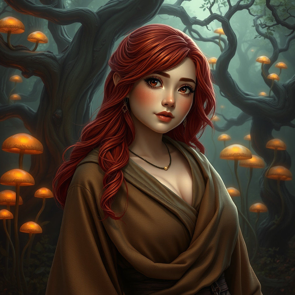 Enchanting Redhead in Mystical Forest, Digital Art