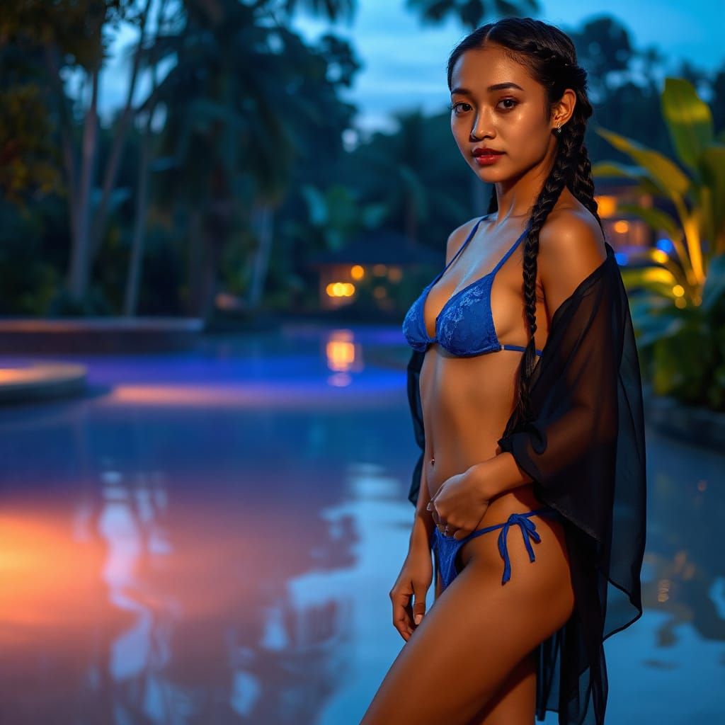 Bioluminescent Lagoon: Indonesian Woman in Sapphire Bikini