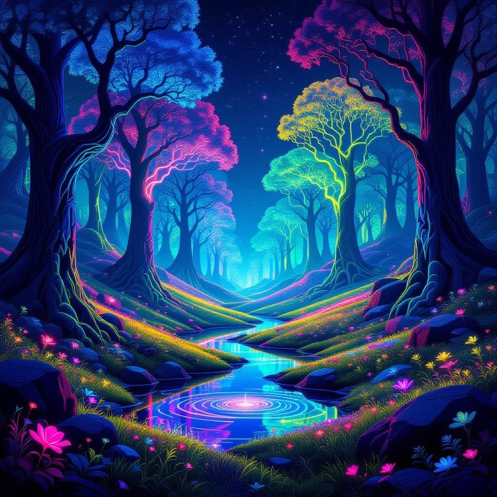 Surreal Neon Forest at Night