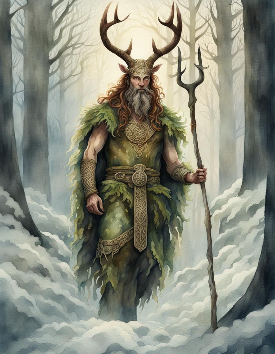 Cernunnos at Imbolc: Detailed Watercolor Painting