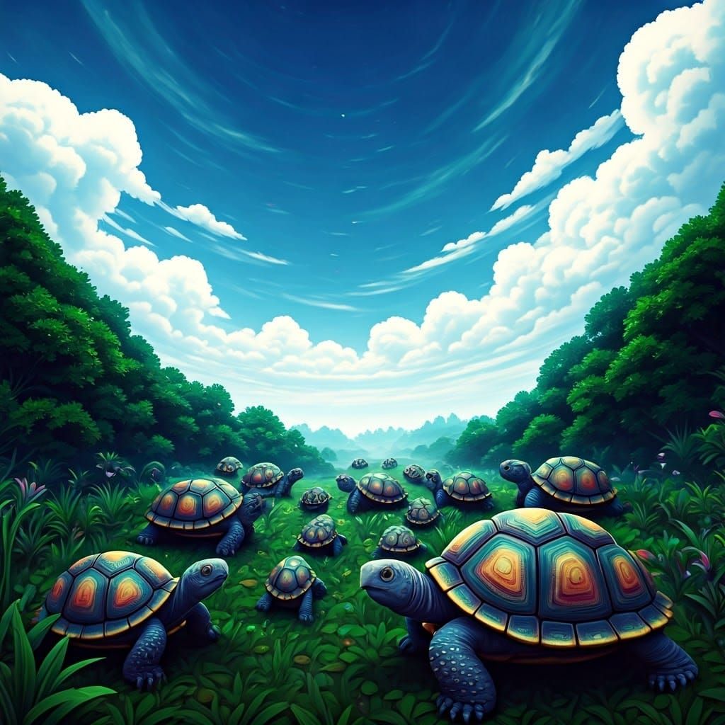 Iridescent Turtle Army in Dreamlike Landscape