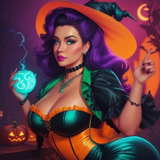 Retro Pin-Up Witch Casting Spells in Neon Colors