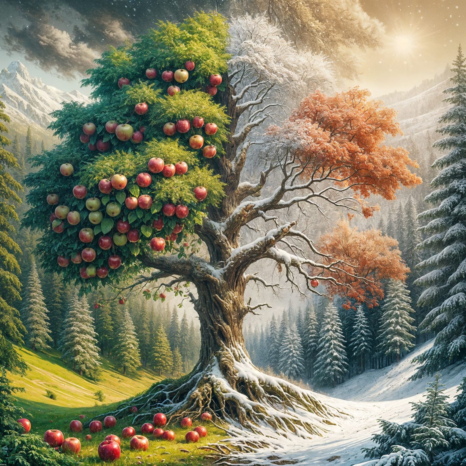 Majestic Tree Shows Summer Contrasted with Winter