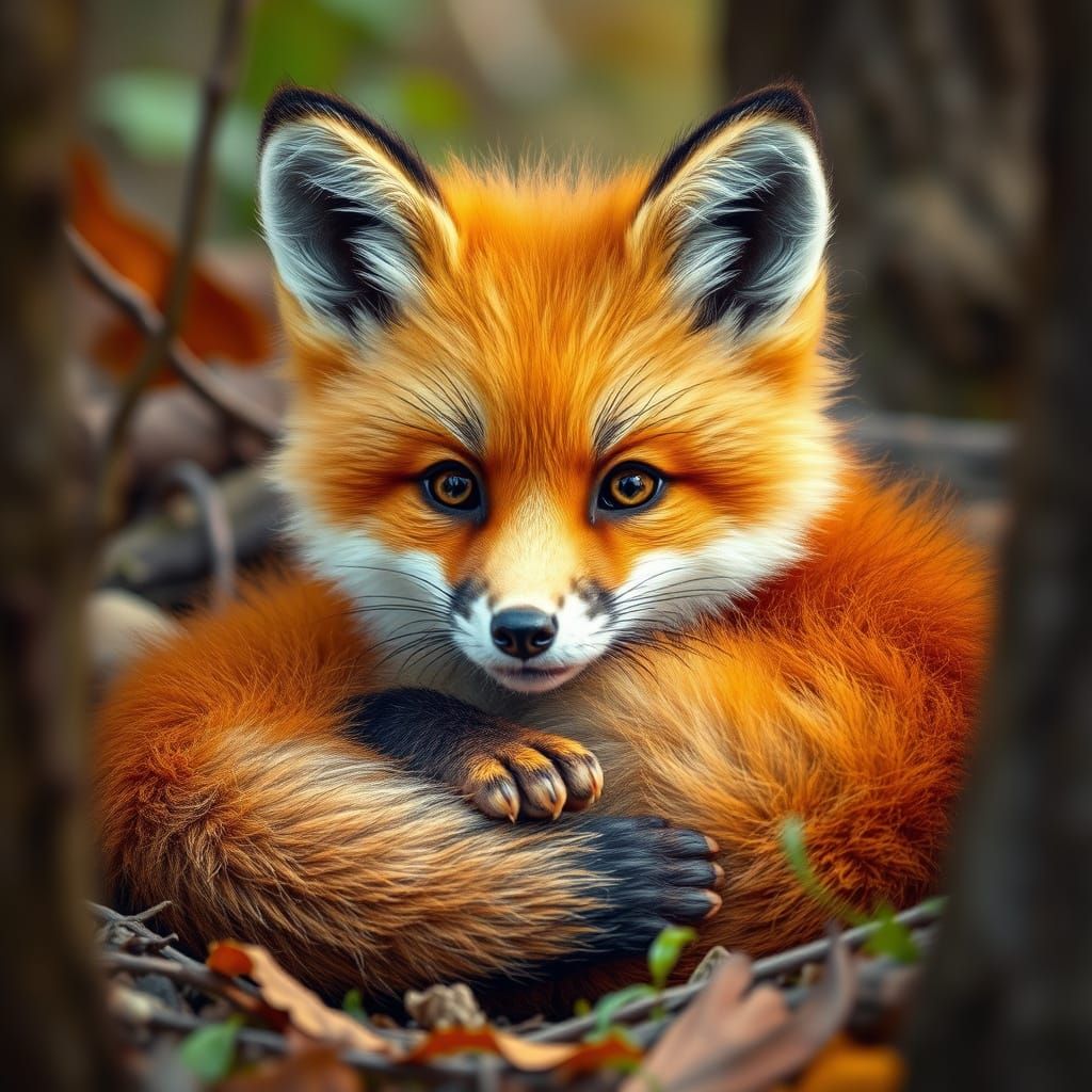 Realistic Baby Fox in Whimsical Forest Setting