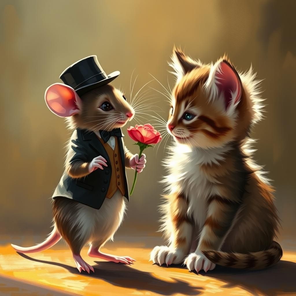 Mouse Presents Flower to Kitten in Impressionistic Style