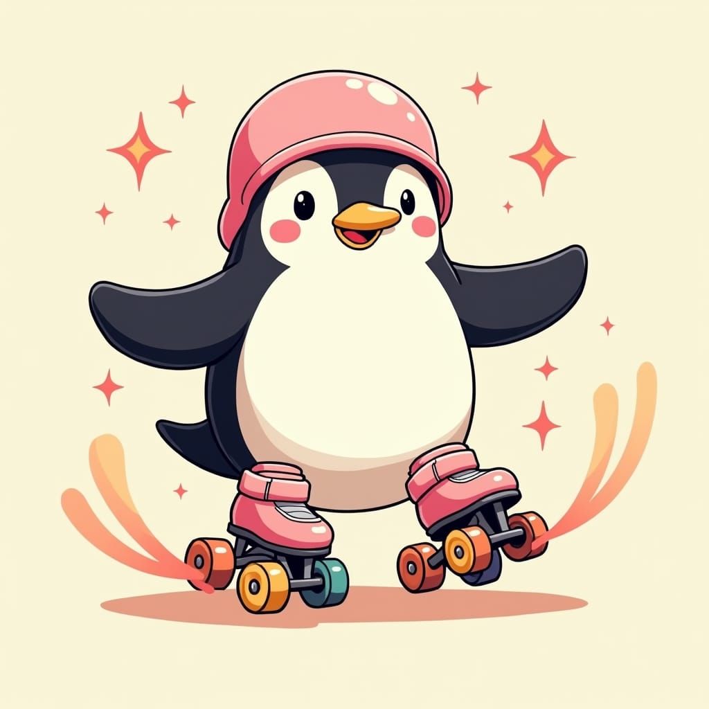 Kawaii Penguin on Roller Skates in Anime Style