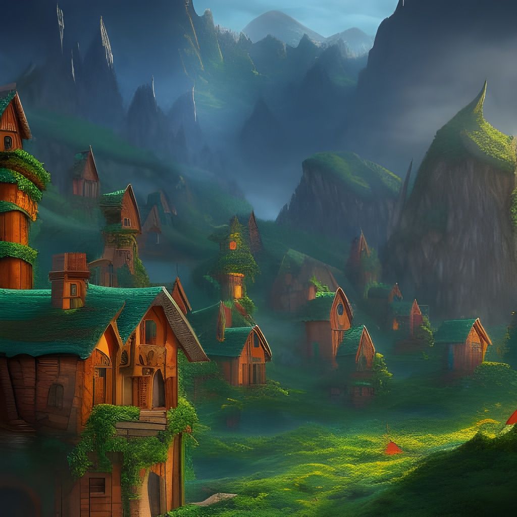 Elven Village in Valley at Sunrise: Fantasy Concept Art