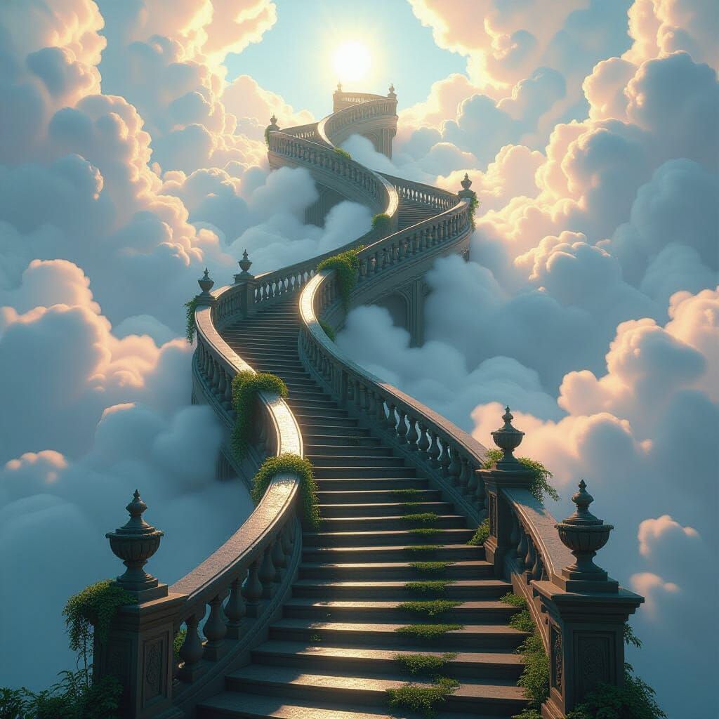 Surreal Staircase Ascending into Glowing Clouds