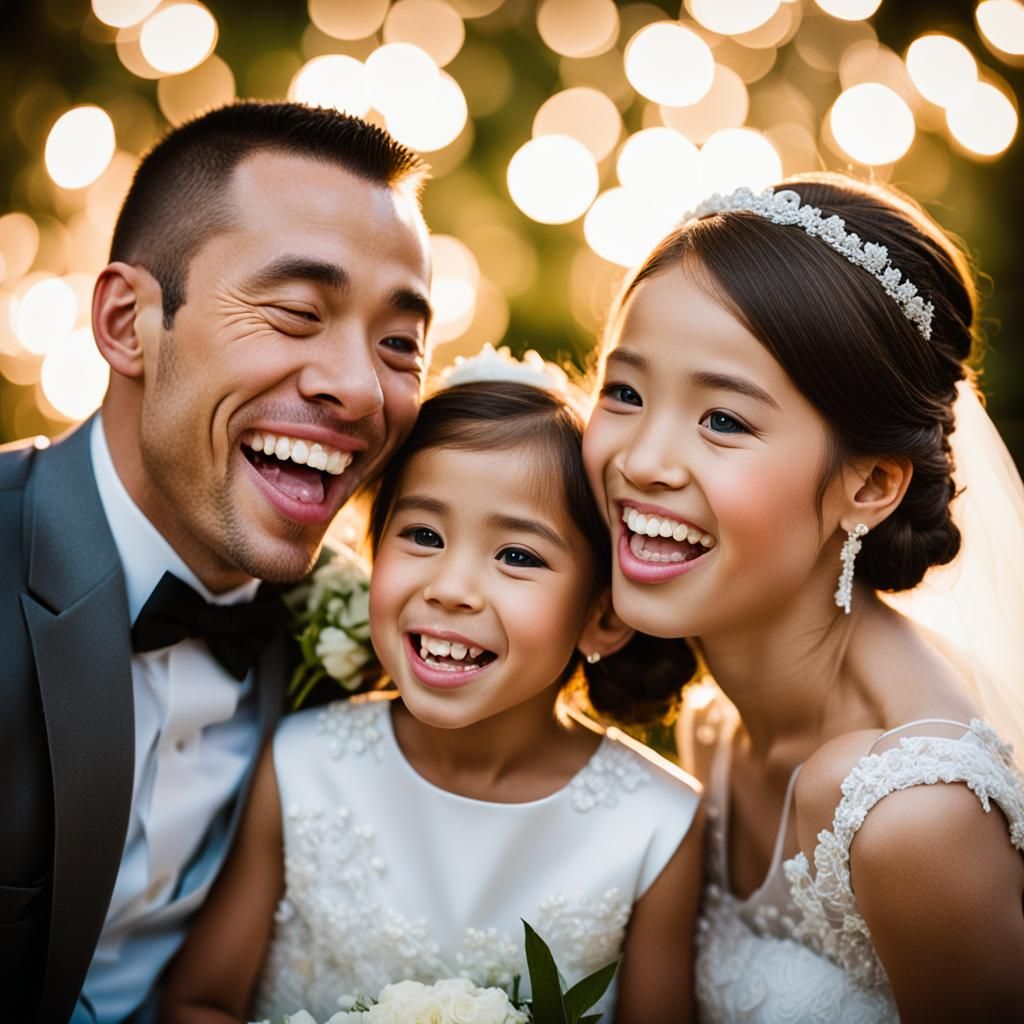 Playful Wedding Portrait with Tongue-Out Girl