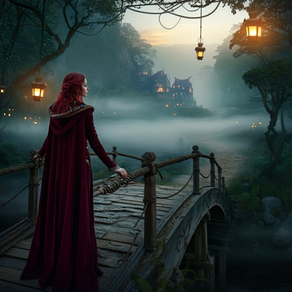 Misty Morning Contemplation in Fantasy Village