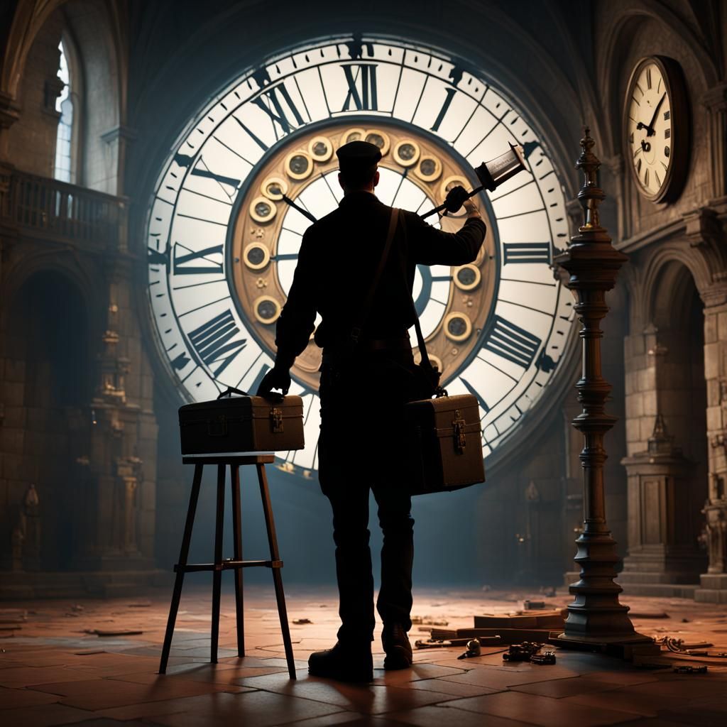 Clock Repairman in Castle Tower: Detailed Matte Painting
