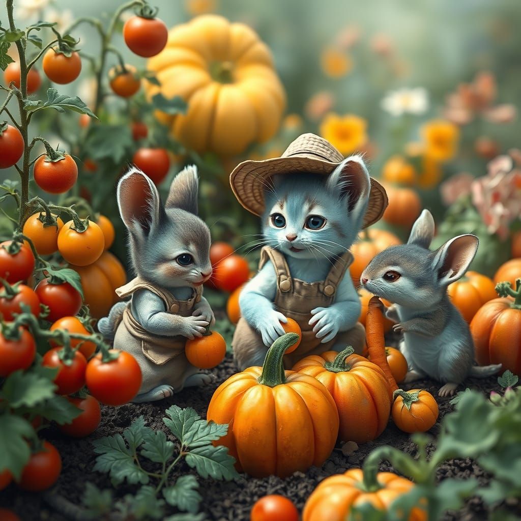 A delightful, adorable realistic image featuring a tiny pastel blue kitten, known as Kitten, working diligently in a vib...