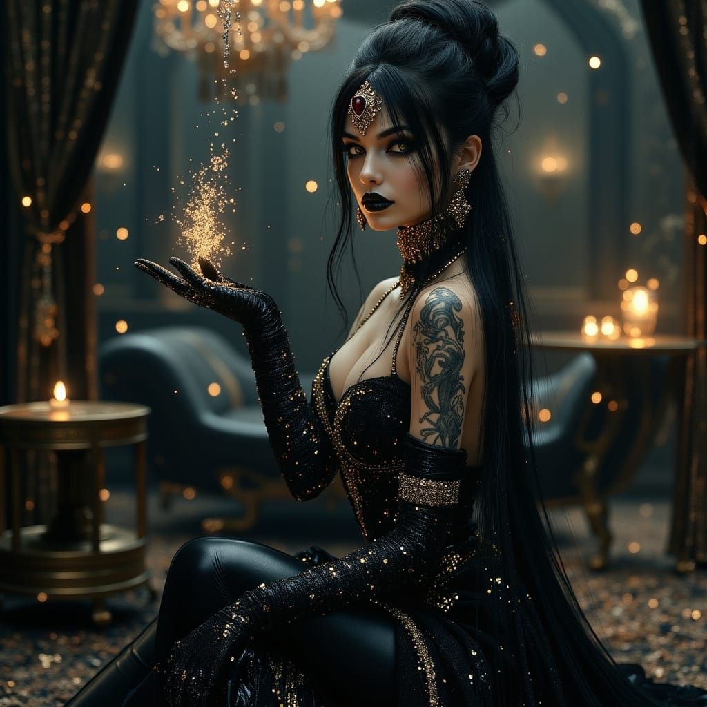 Black-Haired Enchantress Extends Hand in Dark Chamber