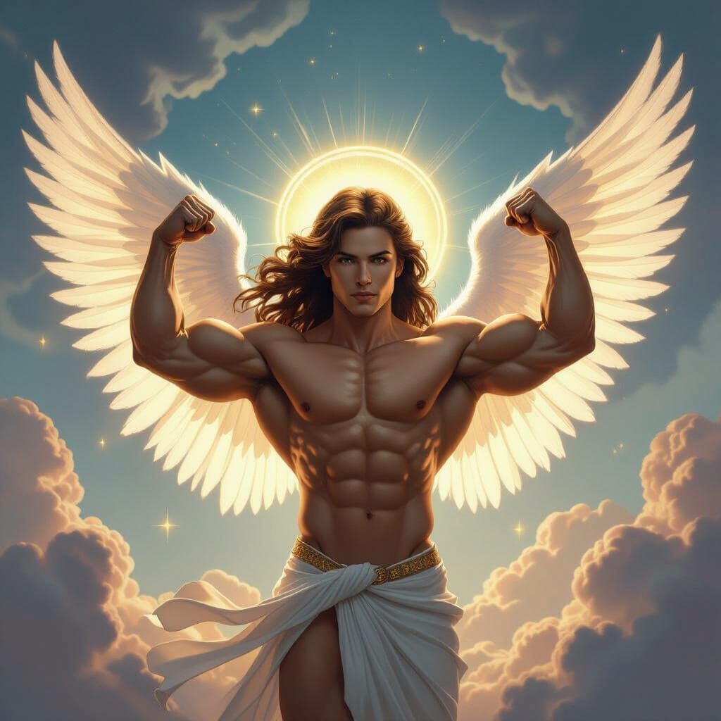 Muscular Angel Flexes Biceps in Epic Digital Painting