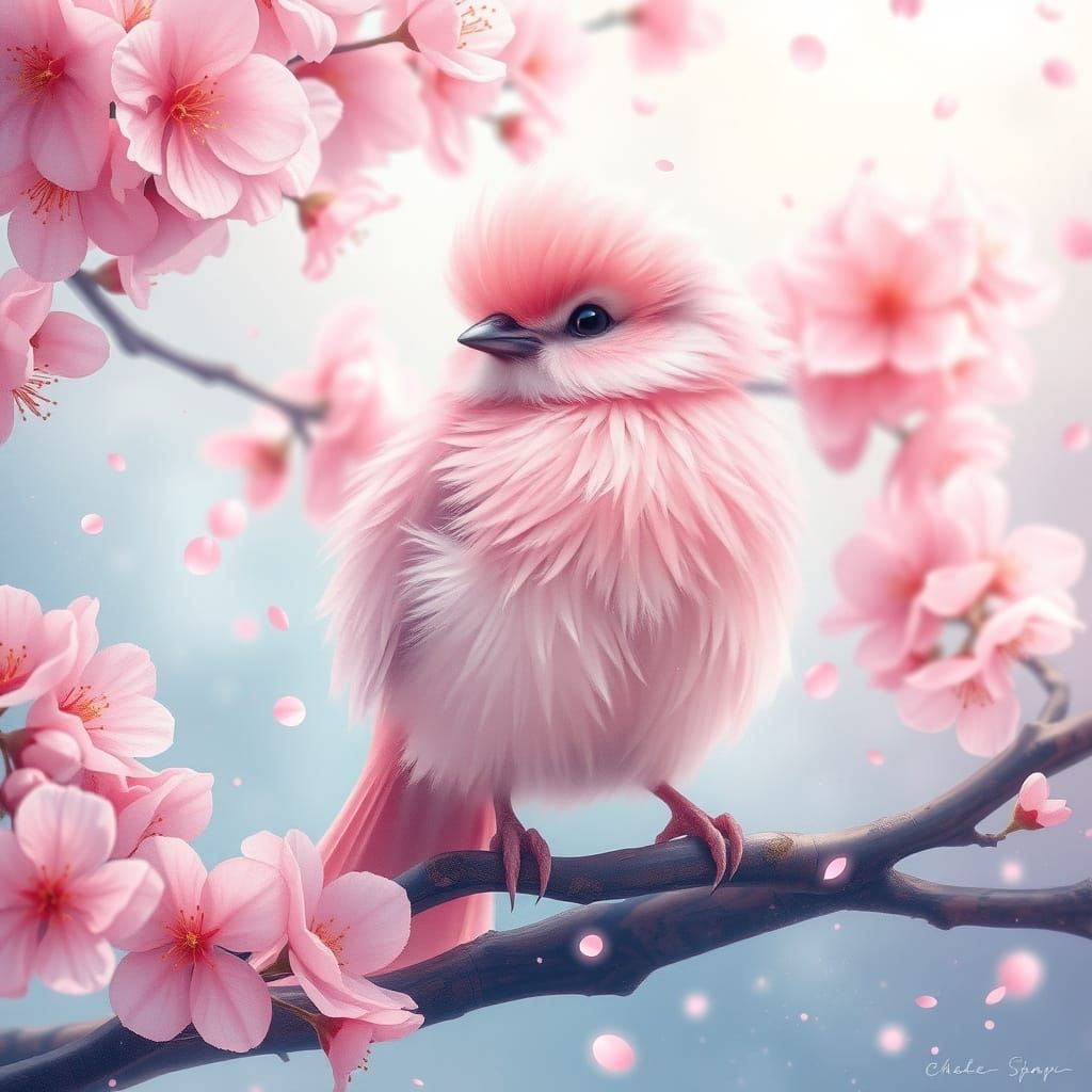 Pink Bird in Cherry Blossom Tree, Ukiyo-e Style