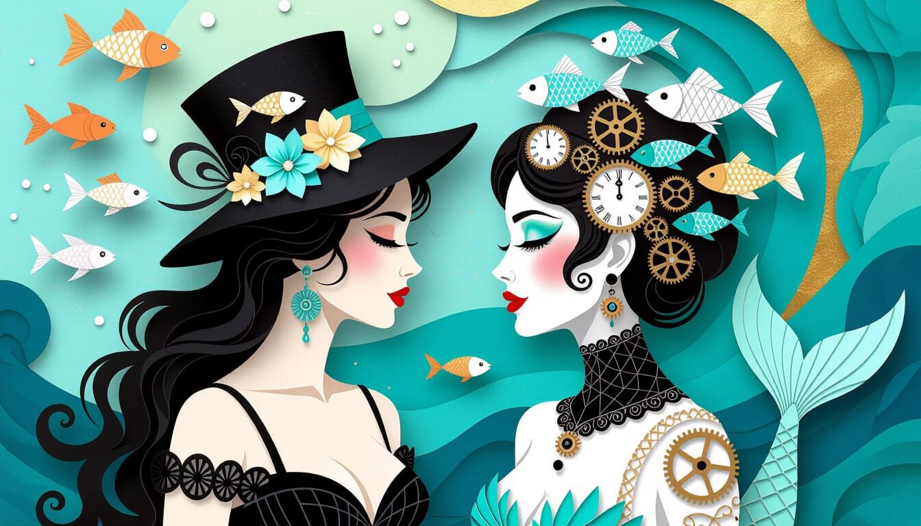 Surreal Steampunk Paper-Cut Collage of Woman and Mermaid