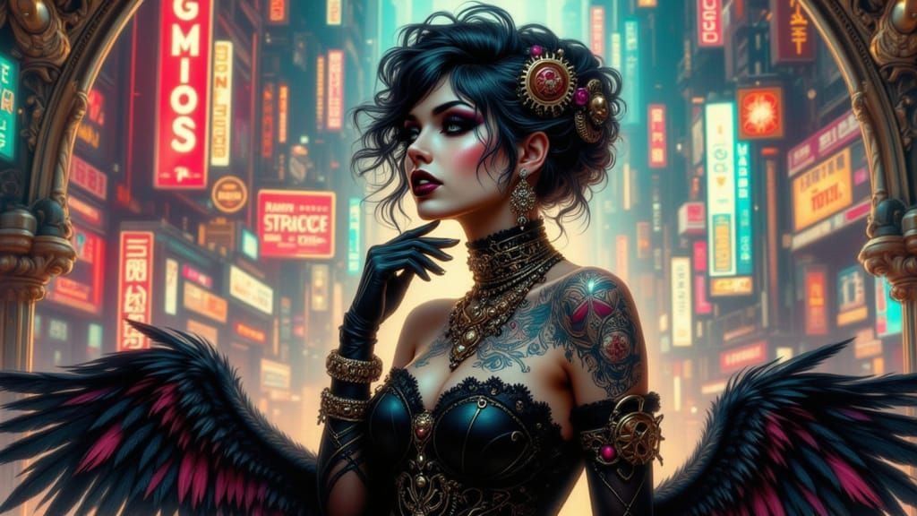 Steampunk Art Nouveau Woman in Neon Metropolis