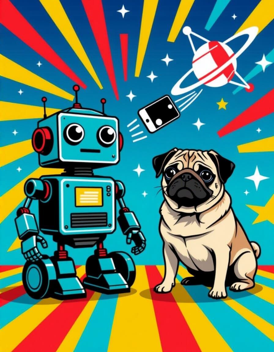 Robot with Speaker, Pug, and Smartphone Near Satellite