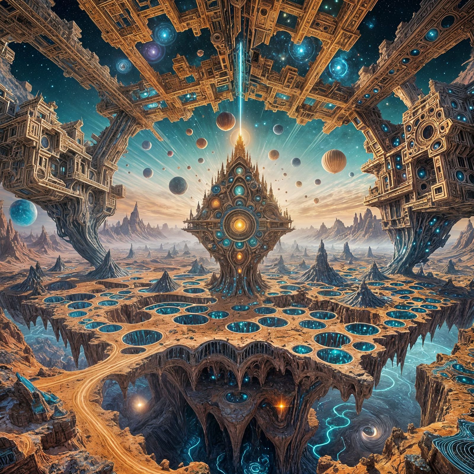 Surreal Fractal Landscape with Floating Shapes