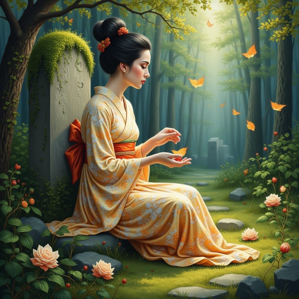 Japanese Woman in Mossy Forest, Romanticism Watercolor Style