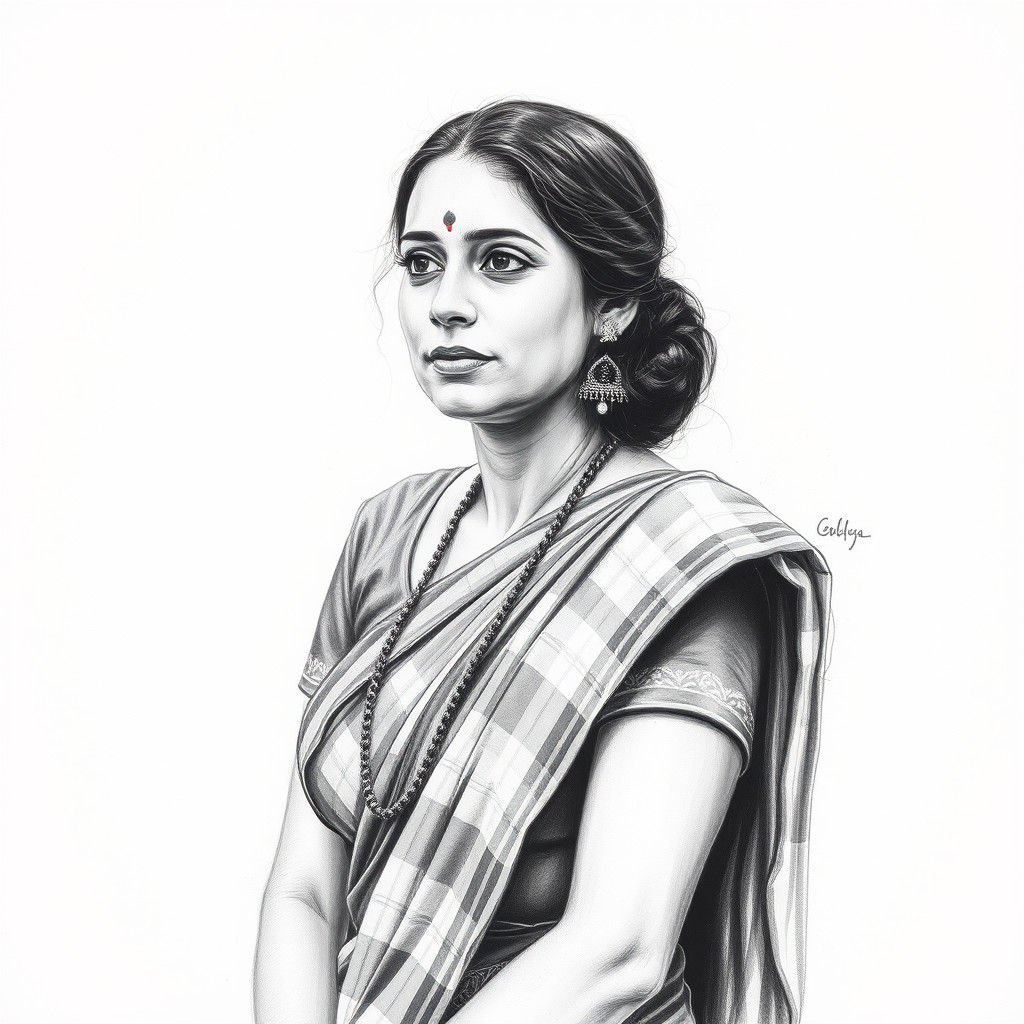 Charcoal drawing of an Indian woman in saree