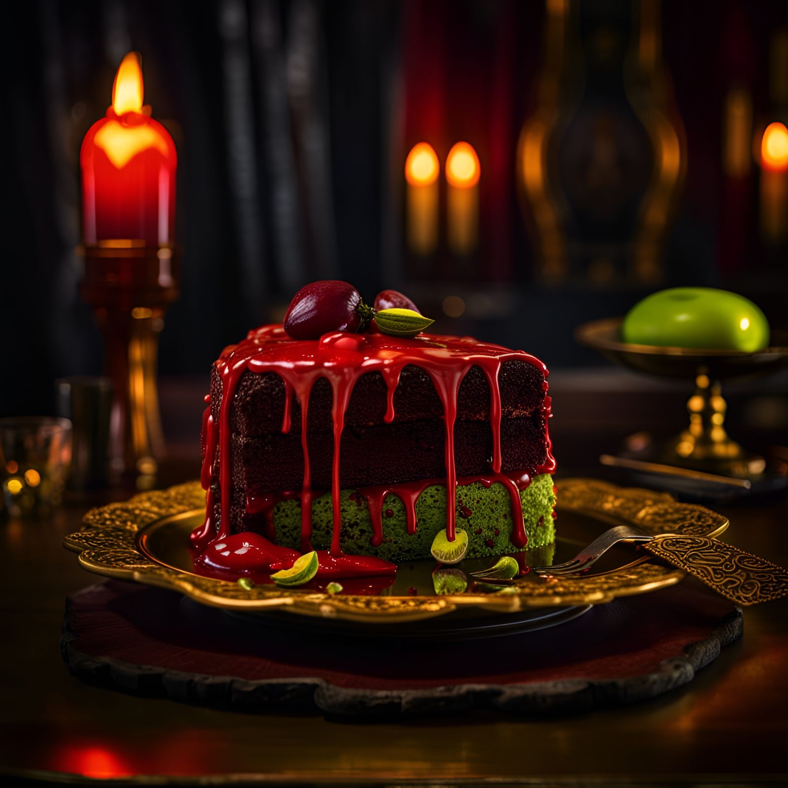 Gothic Vampire Pistachio Cake in Dark Cinema Style