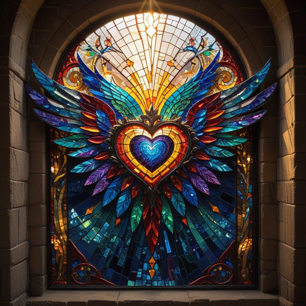 Stained Glass Rainbow Heart Illuminates Ancient Wall
