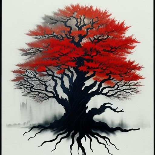 Autumn Tree in Watercolor and Ink Style