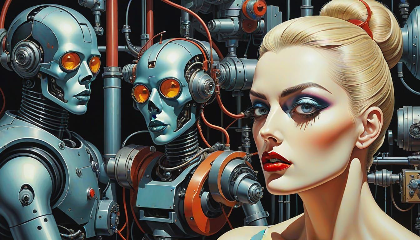 Grotesque Machines Surround Person in Surreal Low-Poly Art