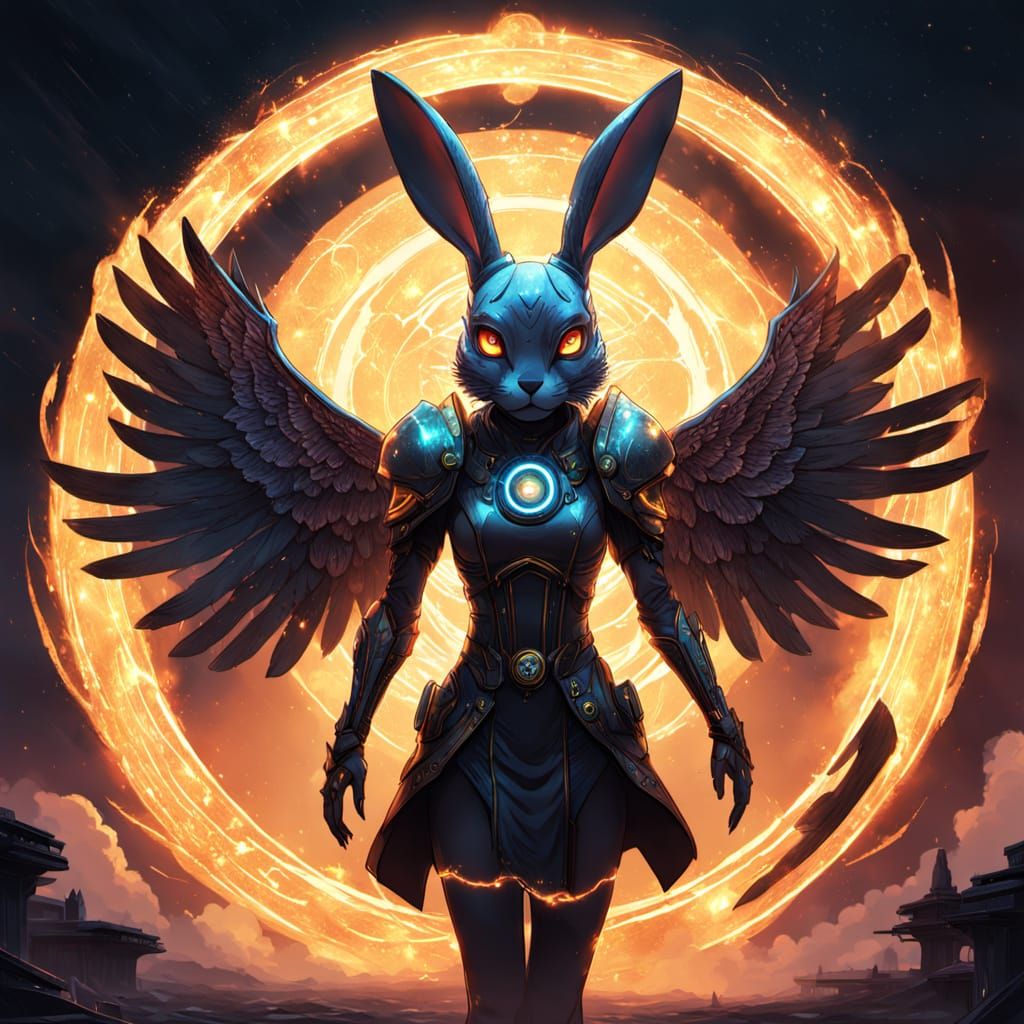 Cyberpunk Anime Woman With Wings Dances Through Fiery Ring P...