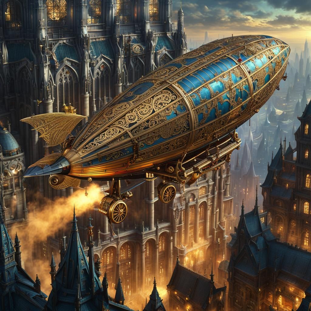 Steampunk Zeppelin Over Cyberpunk Gothic City