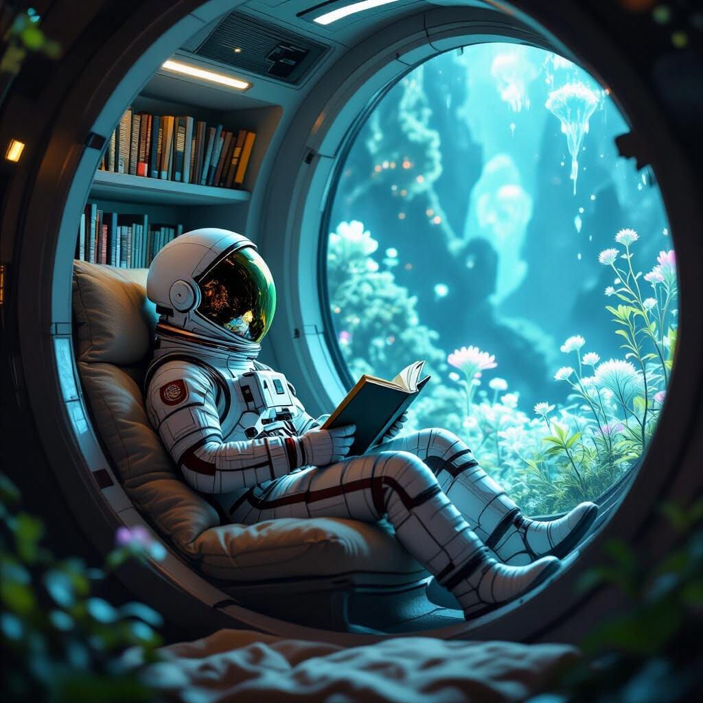 Astronaut Reading Among Alien Bioluminescence