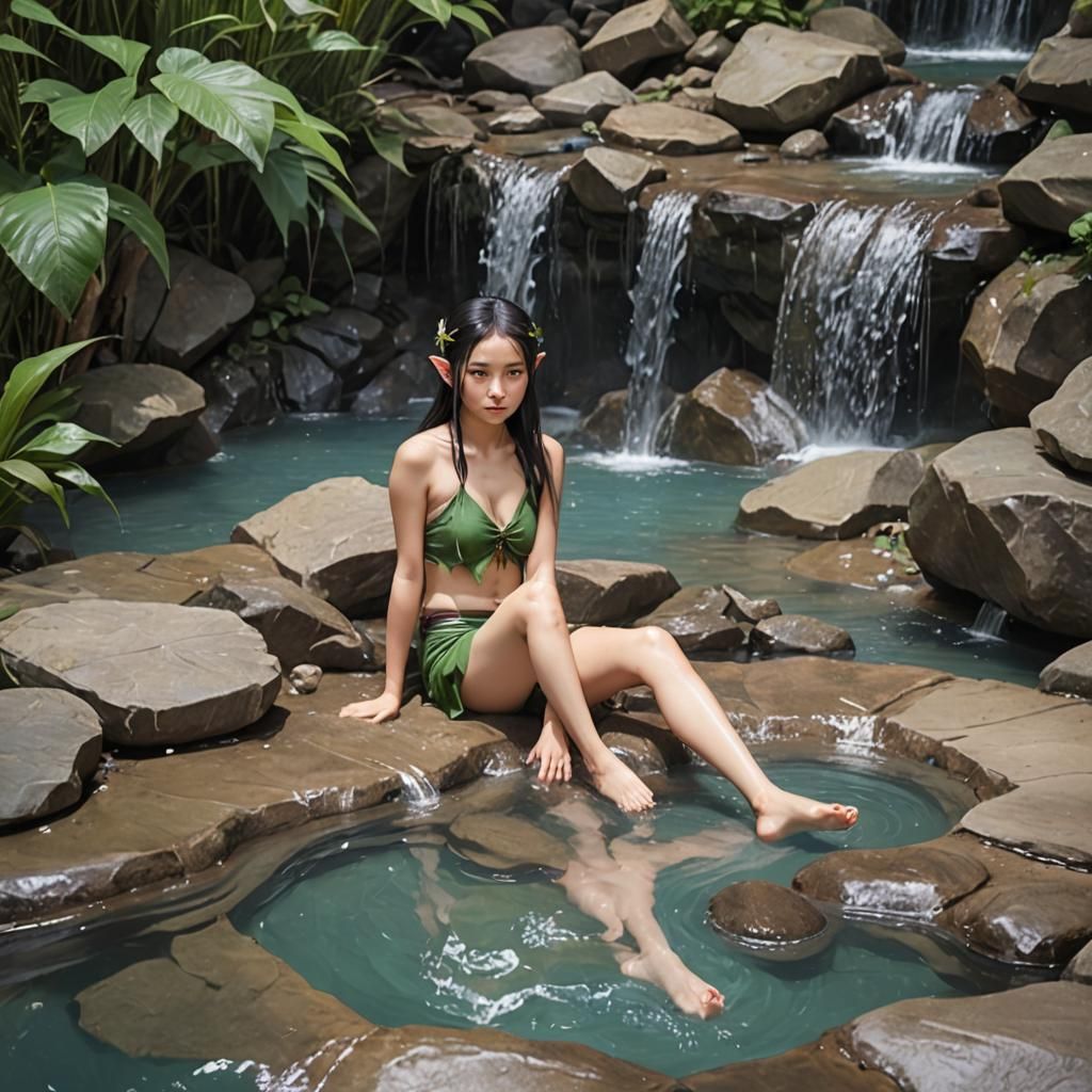 Asian elf relaxing in a pool beneath a small waterfall