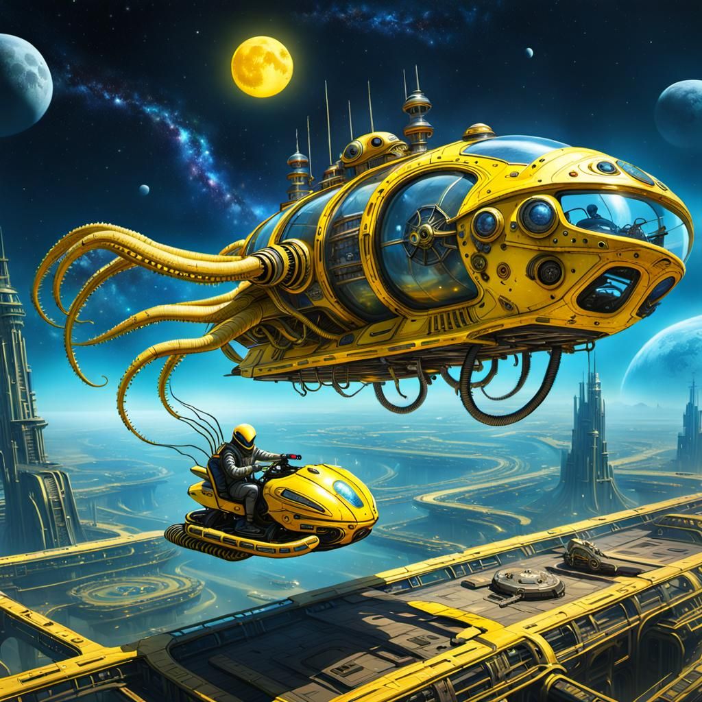 Cyberpunk Alien Rides Steampunk Hovercraft in Space