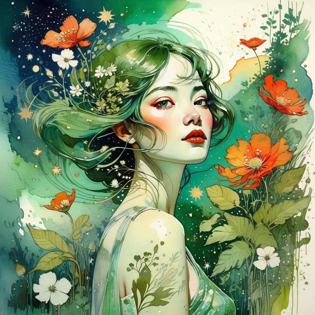 Woman Surrounded by Cosmos in Watercolor Style