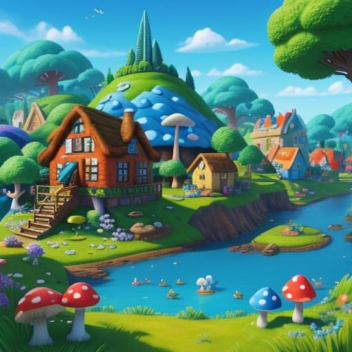 Smurf Village Scene in Vibrant 3D Animation Style
