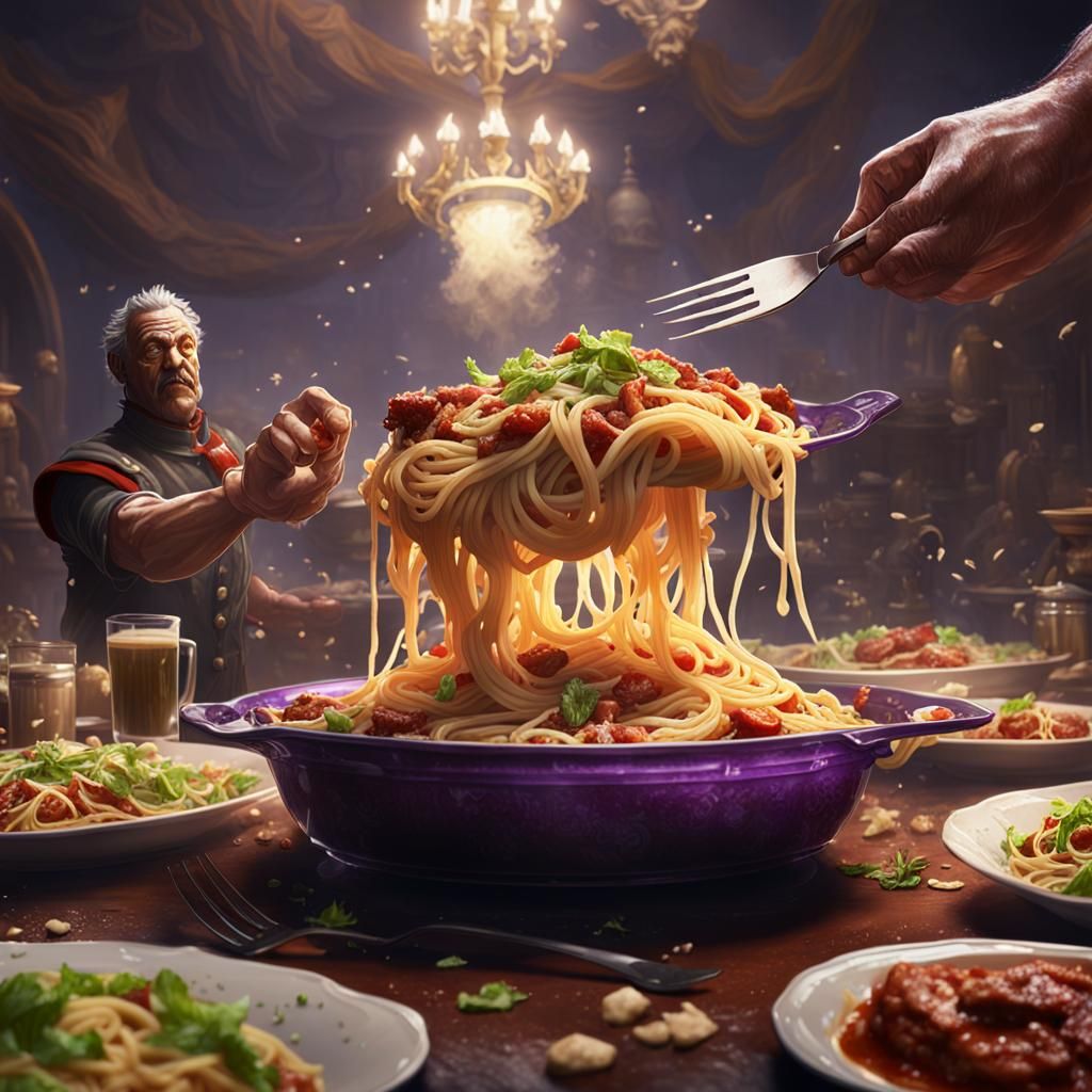 Spaghetti vs Lasagna Food Fight in Dark Fantasy Style
