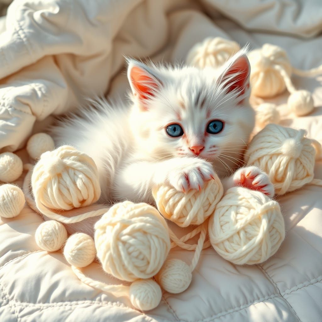 Playful White Kitten in Comic Book Style