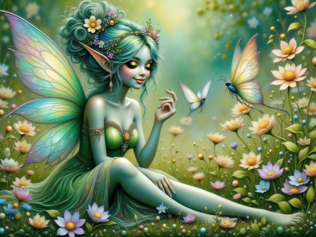 Magical Blue-Skinned Fairy in Lush Meadow, Digital Art