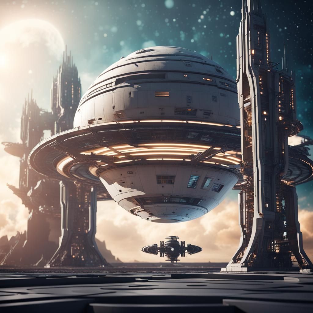 Futuristic Space Station Orbiting a Distant Planet