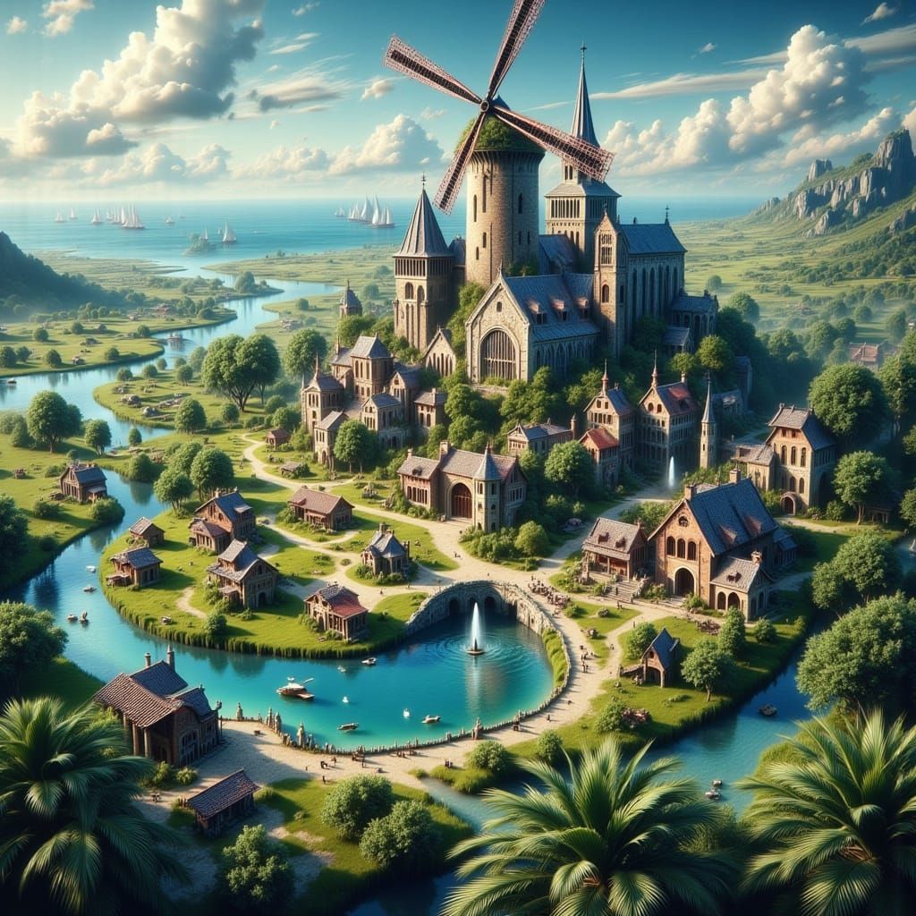 Whimsical Village on Palm Leaves in Vibrant Colors